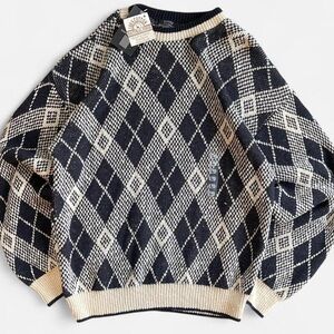 Vintage NWT Expressions Chunky Cream Navy Blue Cotton Knit Slouchy Retro Sweater